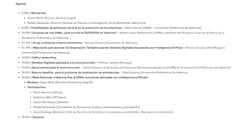 Programa de la jornada sobre la Inteligencia Artificial ante desastres naturales, organizada por ValgrAI. Pinchando en la imagen se accede a su web.