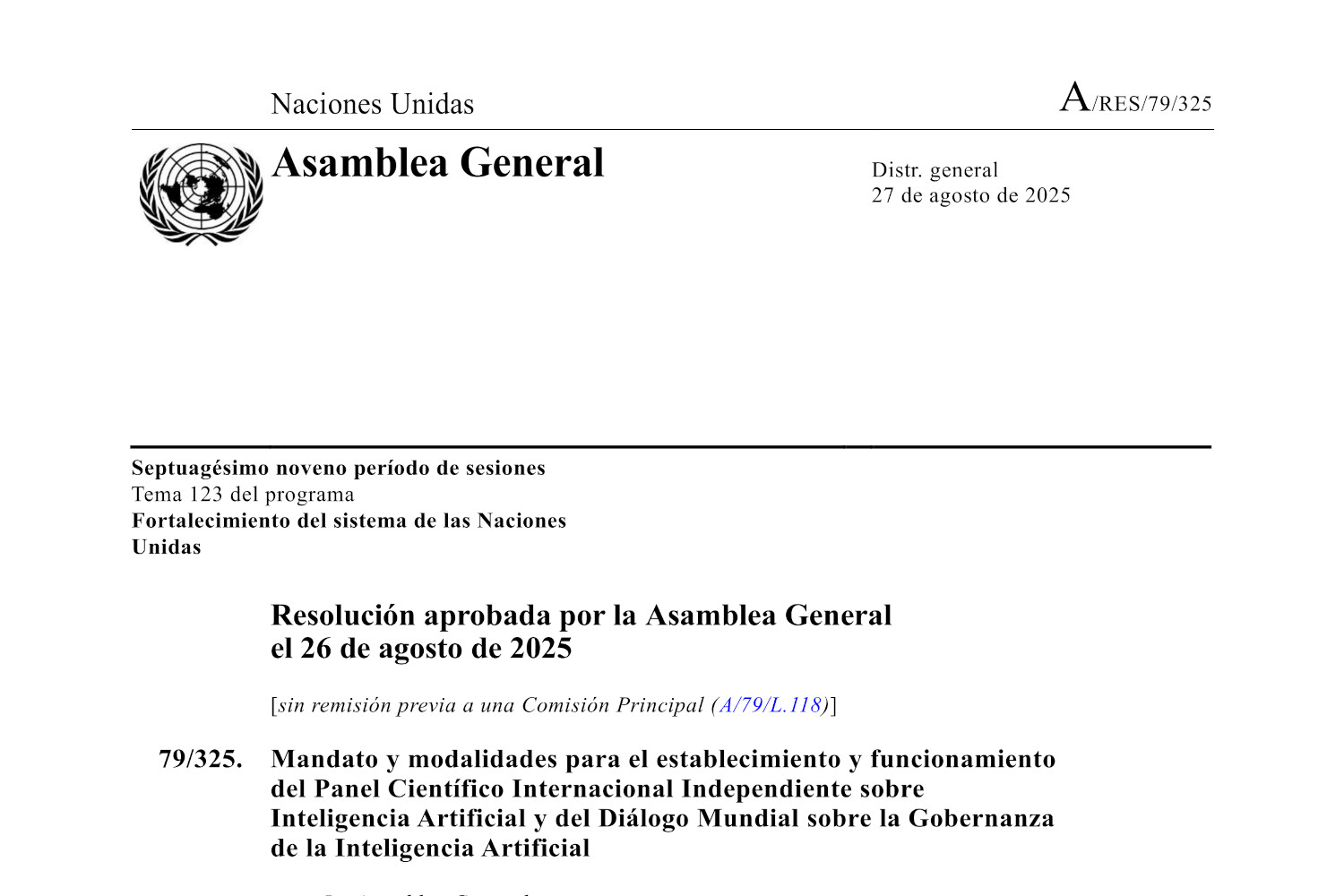 Imagen de la primera página de la resolución A/RES/79/325 de Naciones Unidas, aprobada en agosto de 2025.